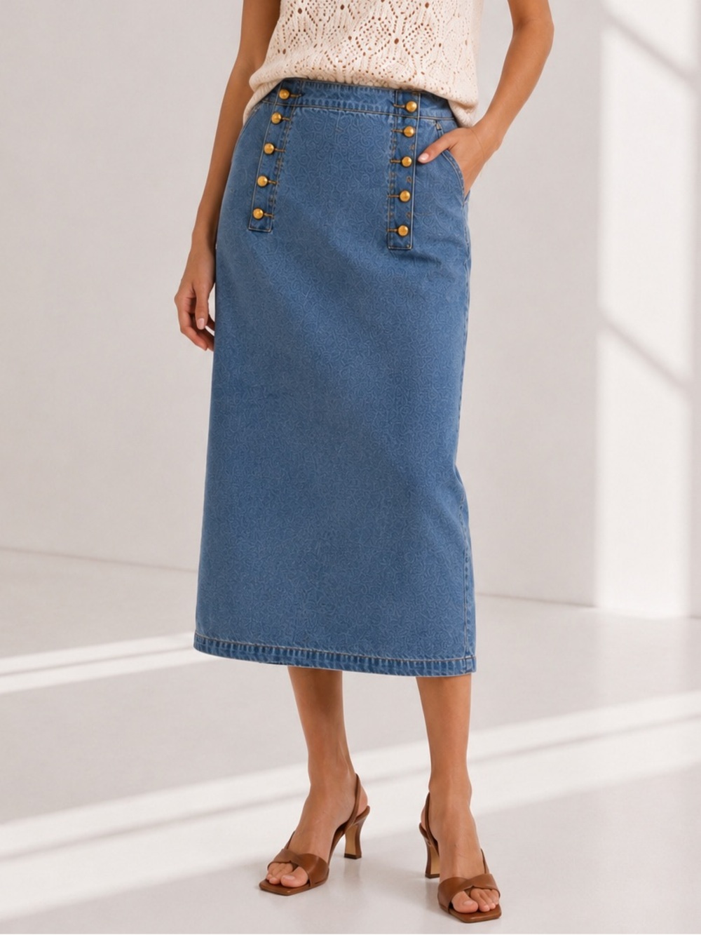 Vintage 100% Cotton Denim Midi Skirt Baccini Gold Buttons Y2K 90s High Waist 80s